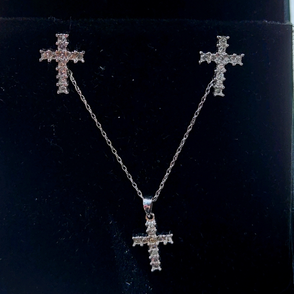 Diamond Cross Pendant Chain and Earrings Gold Set